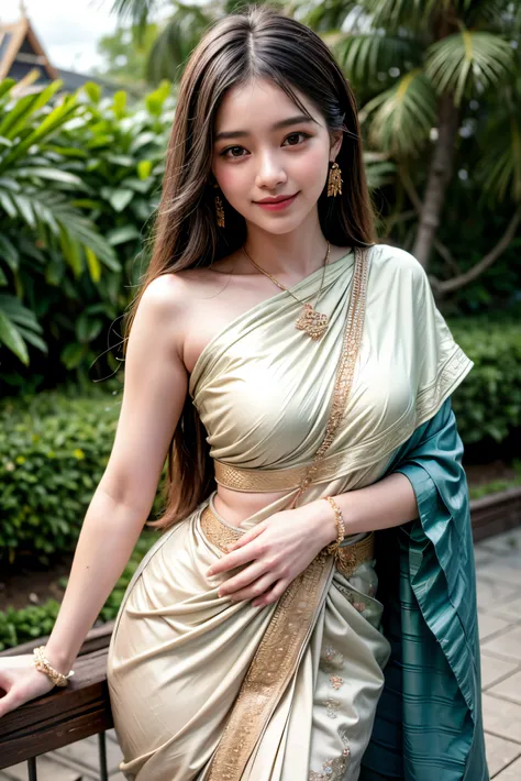 8K, ultra high detailed, an thai girl, cute face, happy, long hair, impressive hairstyle, detailed eyes, detailed lips, thai clothes, saree, green saree, lace, wearing jewellery, nature background, flowers, afternoon, shadow, clear weather, whole body capt...