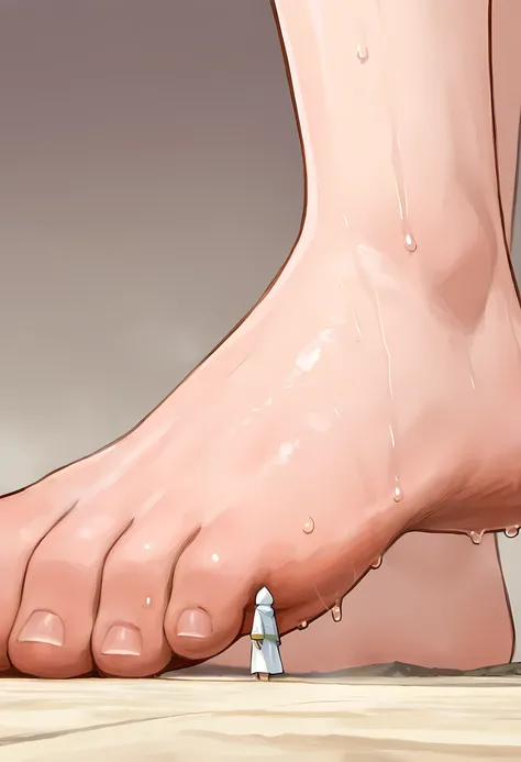 (macro size: 1.1), (describe image of a giant girls foot in front of an adventurer, most out of frame: 1.1), an adventurer on a path looking at a closeup foot, simple background, (2girls: 1.1) (height difference), robes, (a super closeup of a gigantic foot...