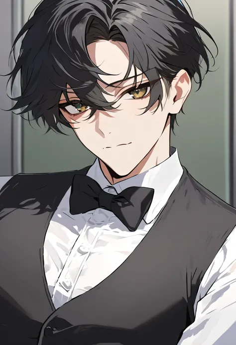 Male + black hair + hazel eyes + white dress shirt + black bow tie + black single breastfed waistcoat + black dress pants + solo + office background + face shot