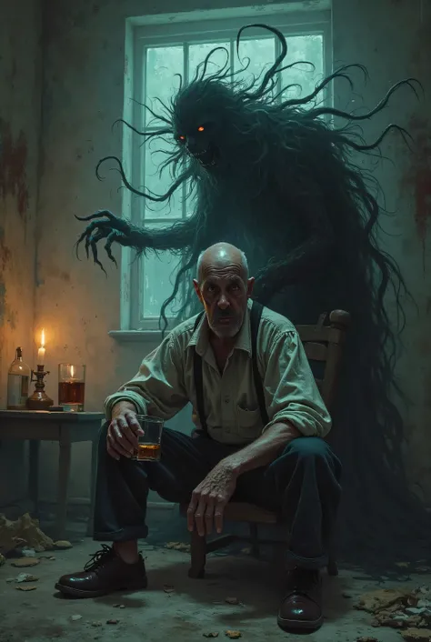 An evil spirit sucking the energy of a man who drinks alcohol through the back of his neck