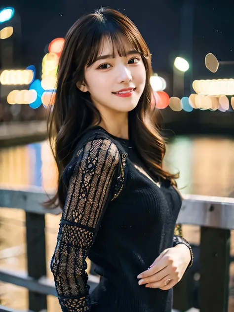 ulzzang -6500-v1.1, (Raw photo:1.2), (Photorealsitic), a beautiful detailed girl, (Real: 1.4), extremely detailed eye and face, ((PastelColors、Knitted dresses、Super realistic black tights))、((Night city:1.4)), selfee, Instagram、game_nffsw, huge filesize, h...