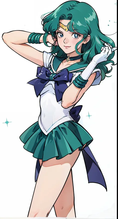 (best quality) perfect anime, beautiful female, High Resolution, Masterpiece, Accurate, HD, High Quality, UHD, Sailor Moon Crystal style, Sailor Neptune, Michiru Kaiou, Long Hair, wavy hair, Aqua Hair, Shiny Hair, Parted Bangs, Hair Over Shoulder, Curtaine...