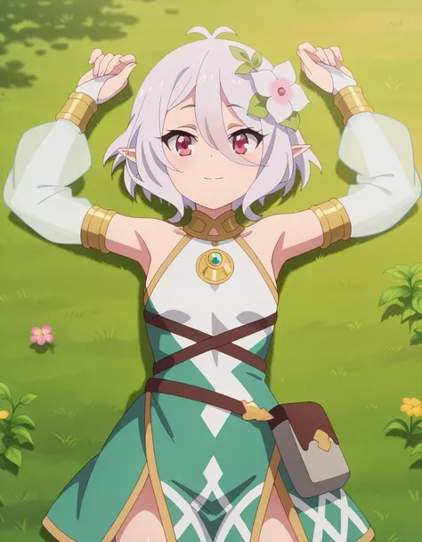 KokkoroDress, anime screencap, masterpiece, best quality,
1girl, solo, closed mouth, light smile,
short hair, white hair, antenna hair, magenta eyes, pointy ears, hair flower,
sleeveless dress, armlet, gold trim, asymmetrical clothes, strap, bridal gauntle...