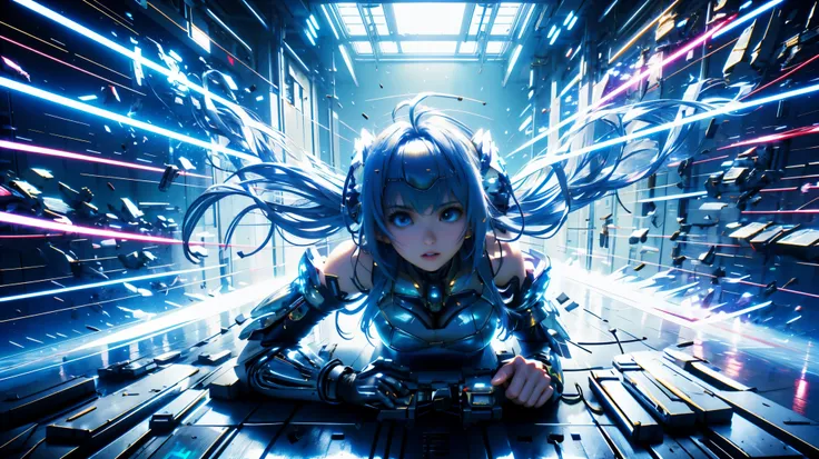 Highest quality、masterpiece、Ultra A high resolution、(photorealistic:1.4)、1 girl、light blue hair、 straight hair , SHINY AND CLEAN HAIR 、 White Shiny Skin 、 sexy cyberpunk girl 、(( cyberpunk person ))、Awakening、shadow、octane rendering、ultra sharp、 in bikini...