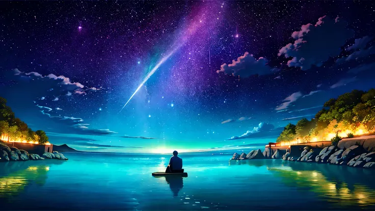 超high image quality, high image quality, high quality ,壮観なscenery,octans, null, 満天の星null, scenery, 星null, night , 1 girl, night null, shooting star, the Milky Way Galaxy covering the entire sky, 海に夜nullが映っている,is sitting, tree, long hair, silhouette , A...
