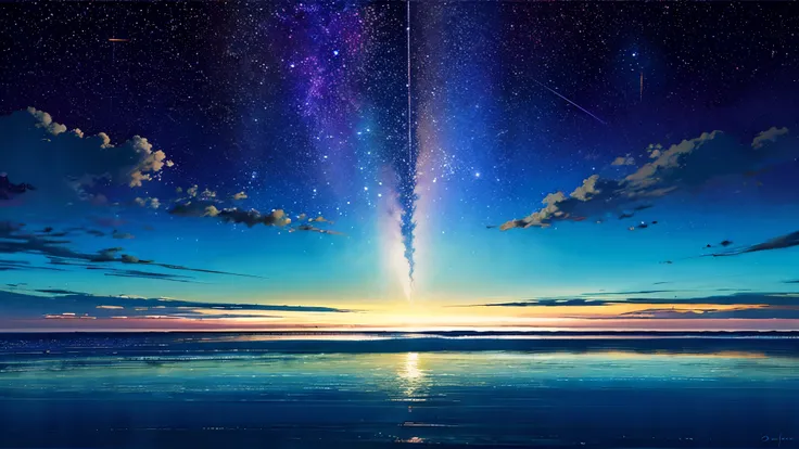 超high image quality, high image quality, high quality ,壮観なscenery,octans, null, 満天の星null, scenery, 星null, night , 1 girl, night null, shooting star, the Milky Way Galaxy covering the entire sky, 海に夜nullが映っている,is sitting, tree, long hair, silhouette , A...
