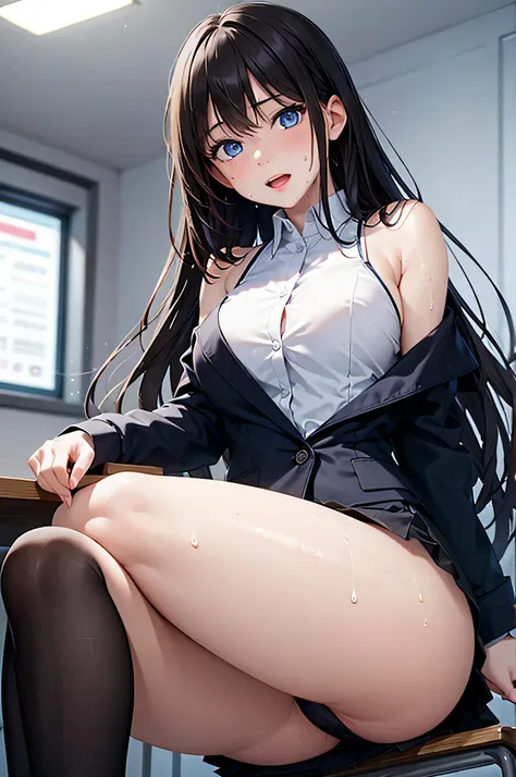  8k resolution,((Highest quality)),Ultra High Definition, Adult Female, alone,  sexy, (ecstatic expression), ( blue eyes),  beautiful symmetrical face , (Black Long Hair),black office suit in front of a desk,tight skirt,string panties with exposed shoulder...