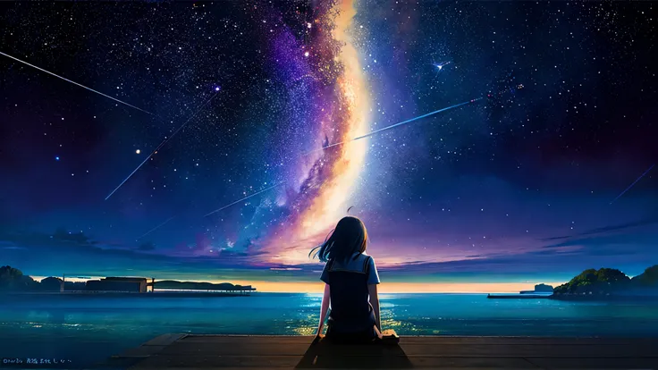超high image quality, high image quality, high quality ,壮観なscenery,octans, null, 満天の星null, scenery, 星null, night , 1 girl, night null, shooting star, the Milky Way Galaxy covering the entire sky, 海に夜nullが映っている,is sitting, tree, long hair, silhouette , A...