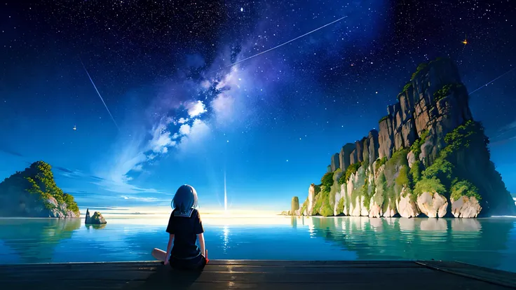 超high image quality, high image quality, high quality ,壮観なscenery,octans, null, 満天の星null, scenery, 星null, night , 1 girl, night null, shooting star, the Milky Way Galaxy covering the entire sky, 海に夜nullが映っている,is sitting, tree, long hair, silhouette , A...