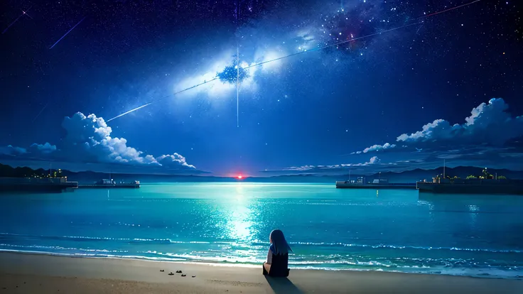 超high image quality, high image quality, high quality ,壮観なscenery,octans, null, 満天の星null, scenery, 星null, night , 1 girl, night null, shooting star, the Milky Way Galaxy covering the entire sky, 海に夜nullが映っている,is sitting, tree, long hair, silhouette , A...
