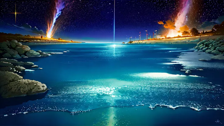 超high image quality, high image quality, high quality ,壮観なscenery,octans, null, 満天の星null, scenery, 星null, night , 1 girl, night null, shooting star, the Milky Way Galaxy covering the entire sky, 海に夜nullが映っている,is sitting, tree, long hair, silhouette , A...