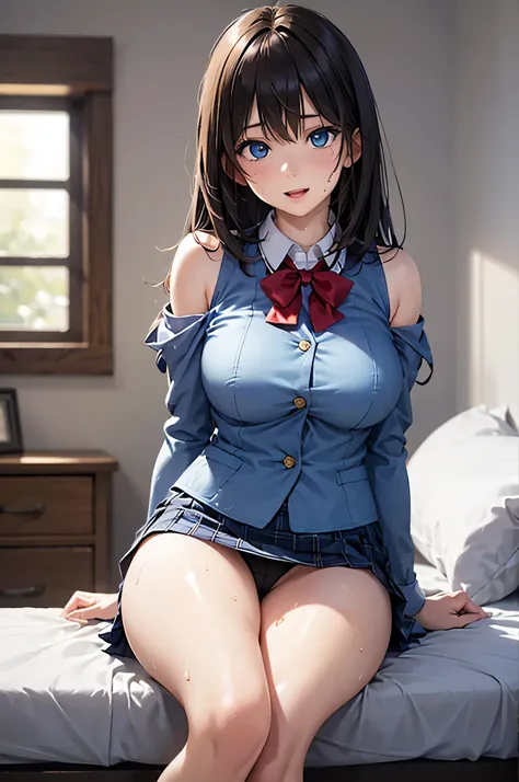  8k resolution,((Highest quality)),Ultra High Definition, Adult Female, alone,  sexy, (ecstatic expression), ( blue eyes),  beautiful symmetrical face , (Black Long Hair),Uniform shirt,uniform skirt when the crowd is nearby,string panties with exposed shou...