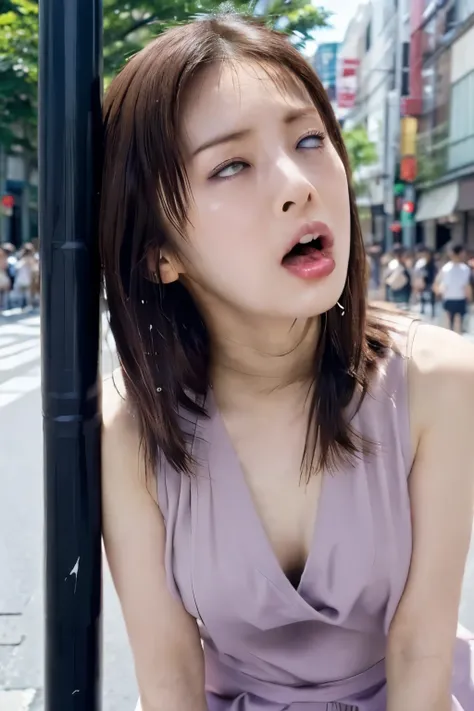 Close-up of face, (lean against a pole:1.5), ( top quality,  masterpiece:1.2),  highly detailed ,  high res,   8k Wallpaper,  perfect dynamic composition, Eyes with Attention to Details , look up at the sky, summer trend fashion, open mouth, licking, gape ...