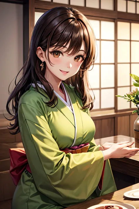 masterpiece, high quality, female, (thirties), elegant, natural beauty,chestnut-colour medium length hair, smiling, soft lighting,((( brown eyes))), green kimono,sits,Japanese restaurant