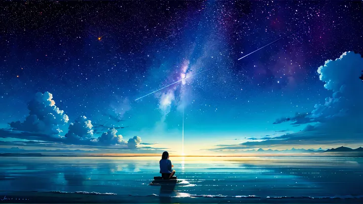 超high image quality, high image quality, high quality ,壮観なscenery,octans, null, 満天の星null, scenery, 星null, night , 1 girl, night null, shooting star, the Milky Way Galaxy covering the entire sky, 海に夜nullが映っている,is sitting, tree, long hair, silhouette , A...