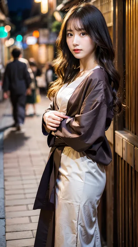 top quality, 1 beautiful woman, wavy long hair, (perfect face:1.3), wearing brown kimono, 35mm lens, f/1, large chest, feeling good, at traditional Japanese townscape, Underexpose Lighting, upper half body, (dark night:1.3), Facing forward, upper half body