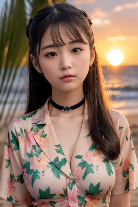 ((( Hawaii Sunset Beach )))、、(Please wear a floral Hawaiian shirt.。..:1.5)、( natural skin texture, hyperrealism, Soft light,  sharp), (complicated details:0.9), (NFS W, hyperdetails:1.2), Soft light,  sharp,  Exposure Blend ,  intermediate shot, Bokeh, (NF...