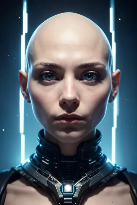 , A bit big head, no hair, no eyebrows,  White ,  light eyes, thin. A humanoid science-fiction race derived from humans, Their skin is completely smooth and pale,  almost translucent , hairless, transmitting a ethereal and alien appearance. Your eyes are s...