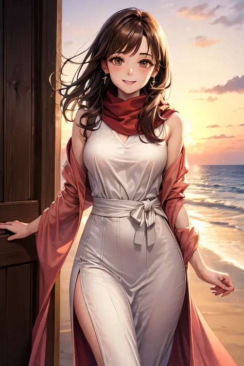 masterpiece, high quality, female, thirties, elegant, natural beauty,chestnut-colour medium length hair, smiling, soft lighting,((( brown eyes))),salmon-pink long dress with a cashmere stole,Sunset Beach