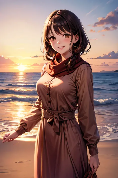 masterpiece, high quality, female, thirties, elegant, natural beauty,chestnut-colour medium length hair, smiling, soft lighting,((( brown eyes))),salmon-pink long dress with a cashmere stole,Sunset Beach