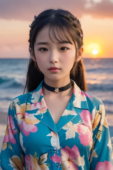 ((( Hawaii Sunset Beach )))、、(Please wear a floral Hawaiian shirt.。..:1.5)、( natural skin texture, hyperrealism, Soft light,  sharp), (complicated details:0.9), (NFS W, hyperdetails:1.2), Soft light,  sharp,  Exposure Blend ,  intermediate shot, Bokeh, (NF...