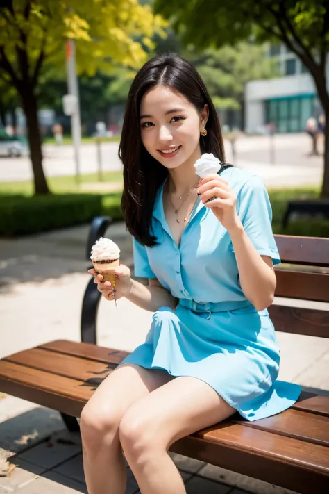 Highest quality, Flying debris, realistic, High Resolution, 8k　RAW photo,alone, one girl, 30 years old、 eat soft serve ice cream 、smile、blouse、 skirt、High Heels、I have soft serve ice cream in both hands、park bench, Erection under clothes, flat chest