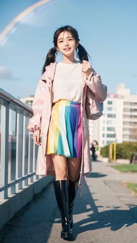 (masterpiece, best quality, high quality, good quality), 1girl, solo, petite, twintails, raincoat, backpack, frilled skirt, rubber boots, blue sky, walking, on cloud, happy, humming, musical note, rainbow, sparkle, sunlight, bird, full body, pastel colors,...