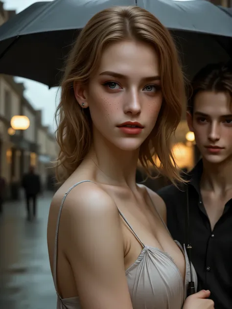 Young european woman, long brown hair, pale blue eye, chick skin, fit body, wearing shirts, smile, standing in road, next to her, there is a man, with dark shirts, bring a umbrella, light raining, dark wheather, afternoon