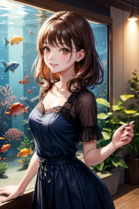 masterpiece, high quality, female, thirties, elegant, natural beauty,chestnut-colour medium length hair, smiling, soft lighting,((( brown eyes))),navy blue dress,Aquarium