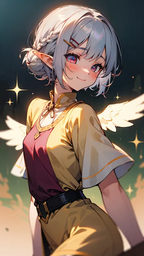 １ bashful girl、small breasts、 Angelic Face 、 goblins、elf ear hair 、 silver hair and bob short hairstyle、Hair tied into a bun with a hair clip 、 sparkling pink round eyes 、cute、 yellow peasant tunic 、middle ages、middle agesの街の背景、neck to top bust portrait、sm...