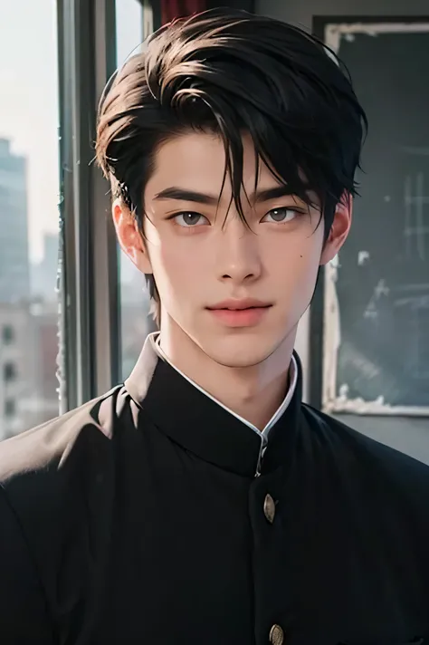 Japanese man handsome short dark hair Shaved head Shaved head adult short cropped smile In the classroom Outside the window is a city of the future School of the future Black school run school uniform Black school run sportsman type Fierce 顔がよ...