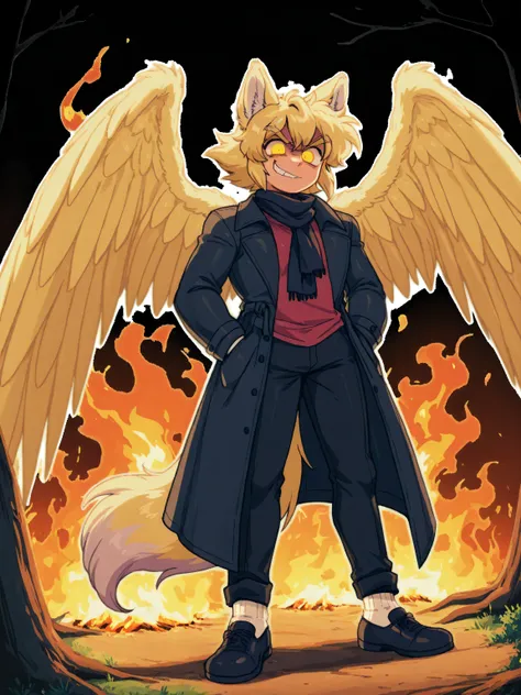 1male, smirk, black tophat, hands on pockets, bright sunny day, beautiful burning forest, fire, tall height, blonde hair, blonde wolf ears, blonde wolf tail, yellow wings, yellow eyes, red shirt, black trenchcoat, black scarf with purple stripe, black pan...