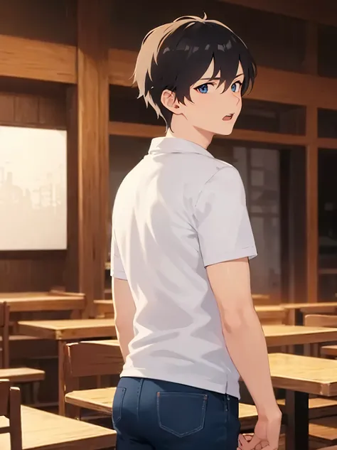 standing, (at night:1.5), looking back, masterpiece, best quality, Japanese manga style, upper body, (25 year old male: 1.5) and (short black hair) and (blue eyes), BREAK (white polo shirt) and (jeans), BREAK surprised, open mouth, inside a restaurant, alo...