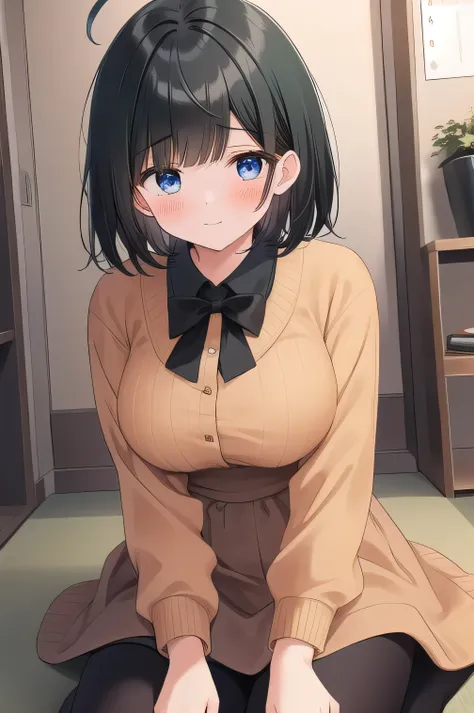 Girl who looks like an elementary, brown outfits , 160 cm tall, black hair with a slight pink tinge, short ahoge, beautiful hair but with a little hair sticking out, beautiful round eyes, blue eyes, boyish, big breasts,  short hair, ish face, a little shy,...