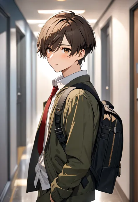 ((masterpiece,  best quality, high resolution, UHD,  perfect pixels , Depth of field, 4k, RTX, hdr))), A 17-year-old boy , alone,  half body,  art style,  anime character , ((serene look, short hair on the sides,  dark brown, separated from the hair to the...