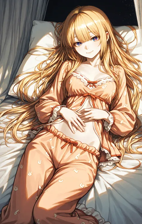 **"A high-resolution (8K) hyper-detailed digital illustration of a stunning blonde girl lying on a bed, wearing a delicate pajama set. Her long, slightly tousled golden hair cascades naturally, each strand meticulously rendered to capture texture and depth...