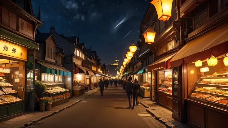 The city of the future, tasteful cityscapes, lawns, trees, and buildings can be seen in the back of the night before night, lanterns hanging from the trees, the main street in the middle of the night sky　Confectionery stores are lined up