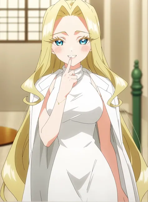 score_9, score_8_up, score_7_up, source_anime, mimimi utsukushisugi, long hair, bangs, blue eyes, blonde hair, very long hair, parted bangs, hair intakes, colored eyelashes, breasts, anime screencap, dress, jacket, sleeveless, white dress, sleeveless dress...