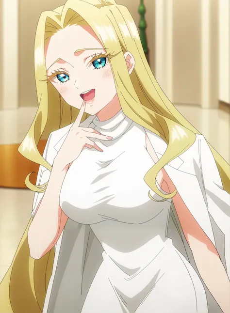 score_9, score_8_up, score_7_up, source_anime, mimimi utsukushisugi, long hair, bangs, blue eyes, blonde hair, very long hair, parted bangs, hair intakes, colored eyelashes, breasts, anime screencap, dress, jacket, sleeveless, white dress, sleeveless dress...