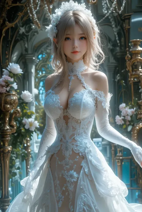  best quality , Super quality, 16k,  Unbelievably Absurd,  very detailed,  lovely photo,  delicate and dynamic,  Kiri Reina female,  seductive smile,  pure white wedding dress ,  great style , bouquet,  steampunk,  DIESEL PUNK ,  clock punk ,  cyberpunk, G...