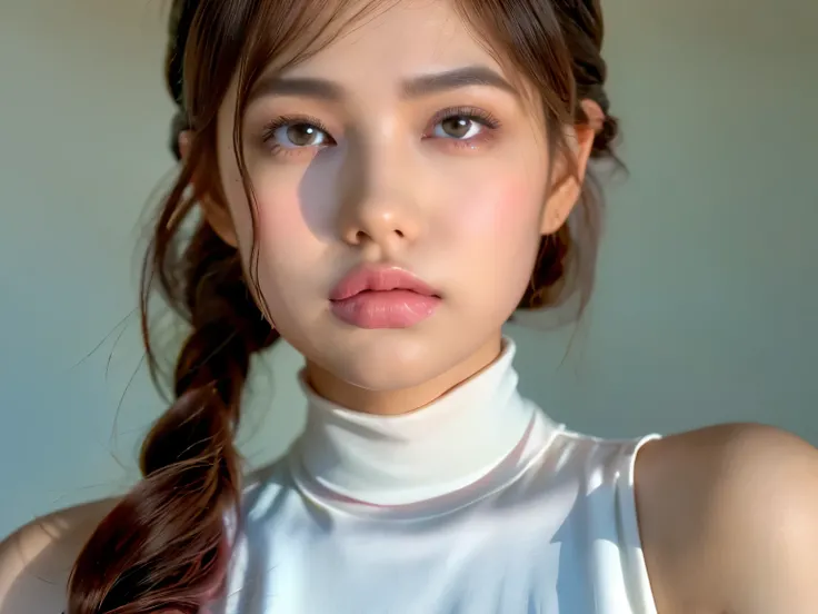 (((   Rose))),(   detailed faces),    Vivid    ,,  sleeveless turtleneck white silk dress,4K ,   Ultra High Definition ,(  photorealistic: 1.7),     white background ,    long hair,