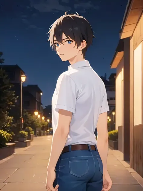 standing, (at night:1.5), look back, masterpiece, best quality, Japanese manga style, upper body, (25 year old male: 1.5) and (short black hair) and (blue eyes), BREAK (white polo shirt) and (jeans), BREAK sirious, in the park, alone,
