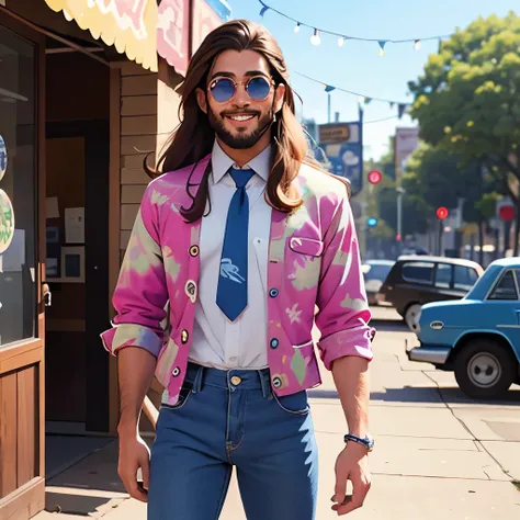 Late 1960s hippe male with long hair and a beard, 20, smiling, wearing a tie-dye shirt, blue jeans, and circular sunglasses, while standing outside.