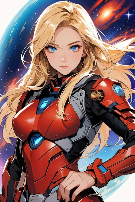 A cute and beautiful woman. She is 20 years old and has blonde hair and blue eyes. She wears red, elegant armor. She is looking at the camera with a defiant expression. An image of Mars floating in space behind her.