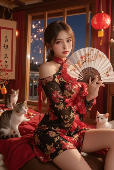 Cat ears、 face up, attractive, pretty girl, ponytail、 (( fine facial features , eroticism)), dramatic lighting , realistic , 8k, Dramatic Shadows , intricate and elaborate patterns , super detailed photo , chiaroscuro lighting , Pleasant colors , deep cont...
