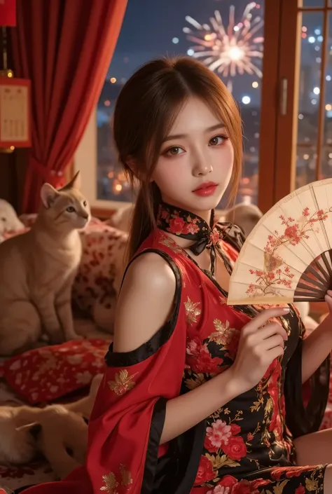 Cat ears、 face up, attractive, pretty girl, ponytail、 (( fine facial features , eroticism)), dramatic lighting , realistic , 8k, Dramatic Shadows , intricate and elaborate patterns , super detailed photo , chiaroscuro lighting , Pleasant colors , deep cont...