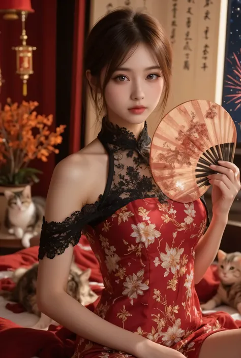 Cat ears、 face up, attractive, pretty girl, ponytail、 (( fine facial features , eroticism)), dramatic lighting , realistic , 8k, Dramatic Shadows , intricate and elaborate patterns , super detailed photo , chiaroscuro lighting , Pleasant colors , deep cont...