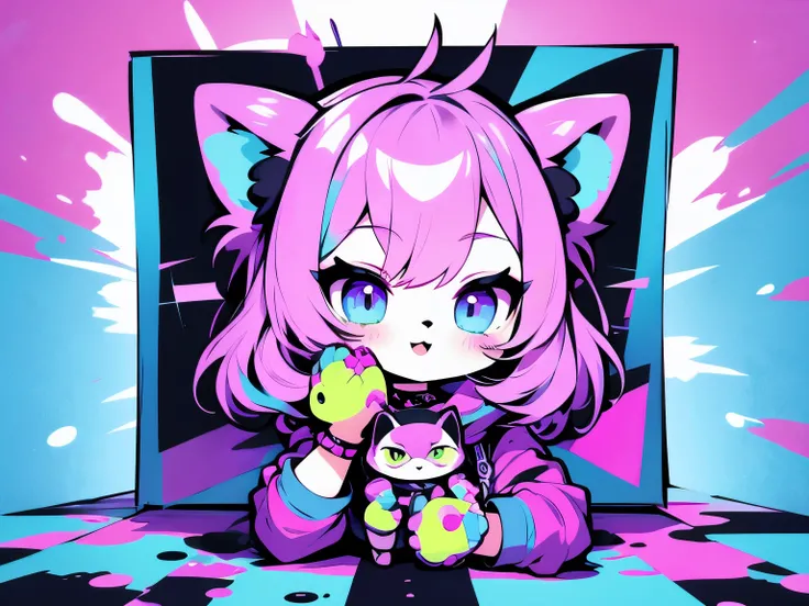 pop art, vibrant passion color style, Cool punk mix , girls on the left, Alone, holding a stuffed cat, cute expression , she's crazy about you .
