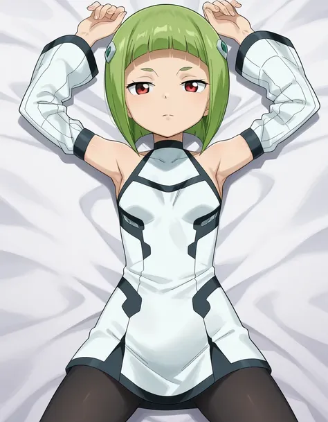 KleeneLustra, anime screencap, white dress, short dress, sleeveless, detached sleeves, pantyhose, green hair, short hair, bangs, bob cut, hair ornament, red eyes, small breasts, shiny skin, high quality, solo, lying, on back,  arms up, legs apart, closed m...