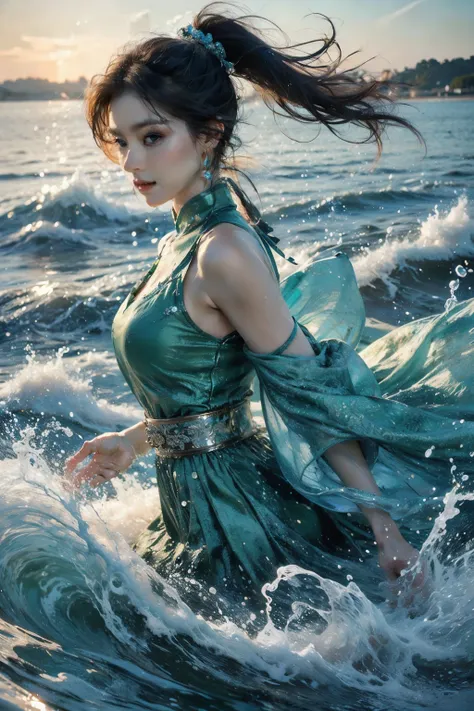  1girl , jewelry,  Earrings, alone, water, hair accessories, ponytail, green dress,  Dark Hair, Chinese clothing, Watching the audience, splash, gorgeous的腰帶, dress,  long hair, Upper body, wave, Blurry Background,
Best Quality,masterpiece,super high resolu...